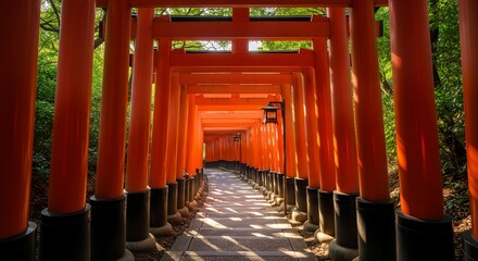 Beautiful view of the iconic red Torii gates at Fushimi Inari Shrine in Kyoto, Japan
