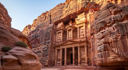 Spectacular view of Petra, the ancient rock-carved city in Jordan, featuring Al-Khazneh (The Treasury) surrounded by towering sandstone cliffs