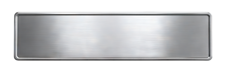 Brushed metal rectangular nameplate with rounded corners, isolated on transparent cutout background