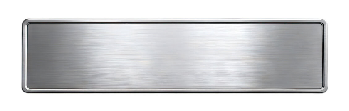 Brushed metal rectangular nameplate with rounded corners, isolated on transparent cutout background