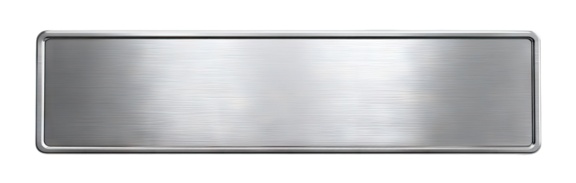Brushed metal rectangular nameplate with rounded corners, isolated on transparent cutout background