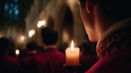 Midnight mass lit by candlelight with a joyful choir singing  
