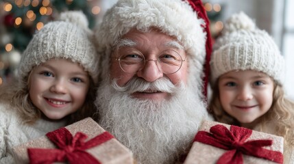 Santa Claus joyfully giving gifts to cheerful kids  
