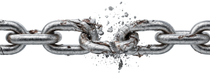 Shattered metal chain with debris, isolated on transparent cutout background