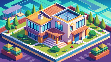 Isometric image of a private house, modern home design, 3D perspective, detailed architecture, garden, trees, fence, roof, windows, doors, scalable vector, clean lines, vibrant colors, professional 