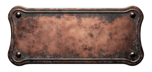 Old copper nameplate with textured rust surface and rounded bolts, isolated on transparent cutout