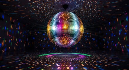 A vibrant disco ball hanging from the ceiling casting colorful light patterns in a dark room space