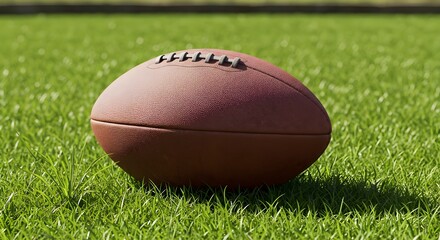 Plain rugby ball resting on fresh green grass field, symbol of sport, energy, and outdoor training atmosphere.