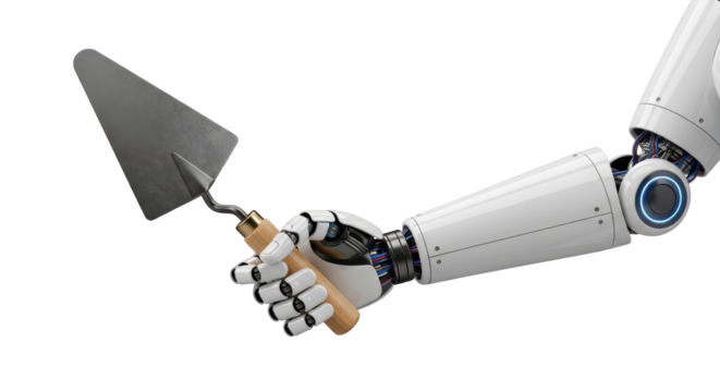 Isolated Robotic arm holding a trowel, automated construction worker, modern technology