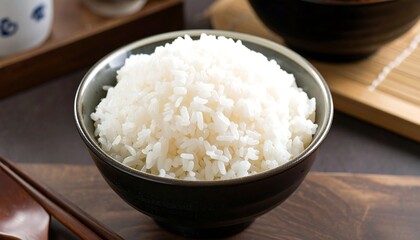 White rice in dark bowl on wooden surface