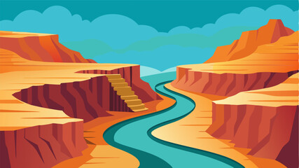 A winding pathway crossing back and forth over a babbling river as it winds its way through a deep canyon.