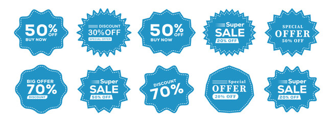 Sale tags collection. Simple flat style vintage labels, stickers with sale discount text. Realistic price tag set. 20%, 30%, 50%, 70% off offer discount coupons.