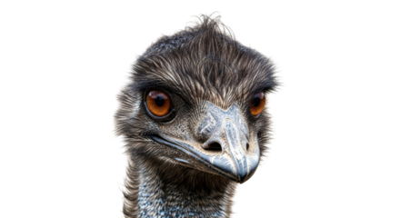Isolated Portrait of Emu Bird with Brown Eyes and Feathers on Head Showing Neck and Bill