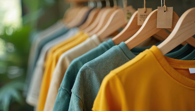 Row of eco friendly t shirts made from natural materials. Apparel on hangers shows sustainability tags in a retail store. Eco fashion choice for conscious consumers.