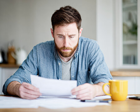 A man looks stressed while reading documents at a table, with a coffee mug nearby, indicating a moment of concern or contemplation.