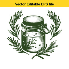 Vector art of jar of rosemary essential oil with rosemary sprigs