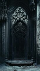 Fototapeta premium A foreboding and intricately detailed Gothic archway with an ornate stained glass window, evoking a sense of ancient mystery and dark enchantment in a forgotten ruin