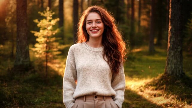 Joyful Scandinavian Woman Laughing in Sunlit Forest Clearing