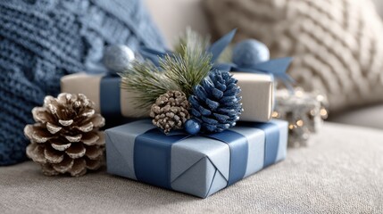 Hanukkah gifts wrapped neatly with blue ribbon and glowing seasonal accents  

