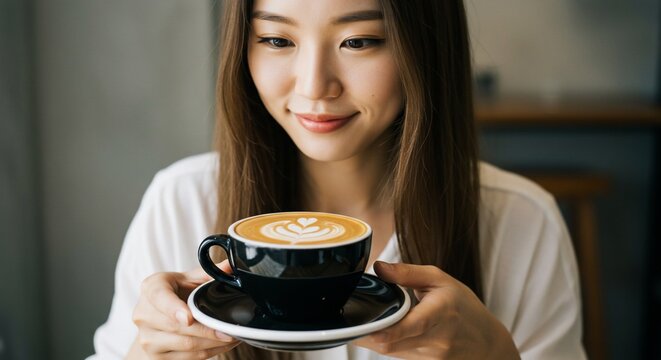 Beautiful young Asian woman smiling while holding a cup of coffee.