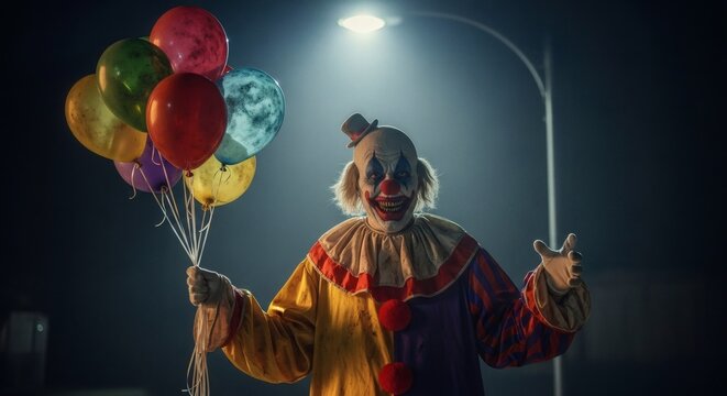 A scary clown holding colorful balloons under a street light at night with a menacing smile on his face
