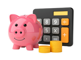 Pink piggy bank with calculator and coins isolated on transparent background