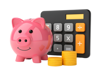 Pink piggy bank with calculator and coins isolated on transparent background