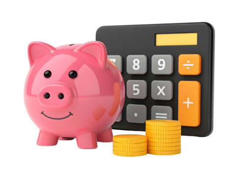 Pink piggy bank with calculator and coins isolated on transparent background