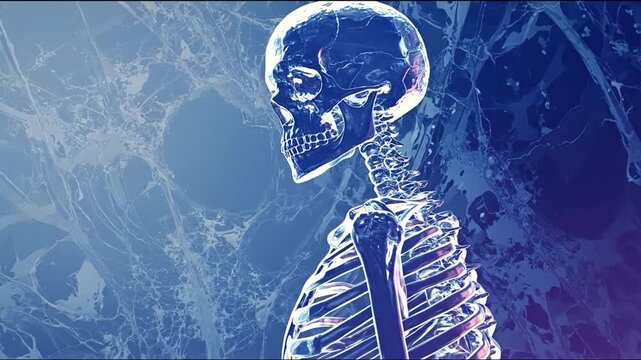 Human skeleton illustration with bright glowing effect against an abstract background