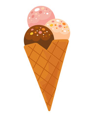 Ice cream cone with three flavors in flat vector style. Chocolate, strawberry and vanilla scoops. Isolated illustration of dessert on white background perfect for menus and artwork