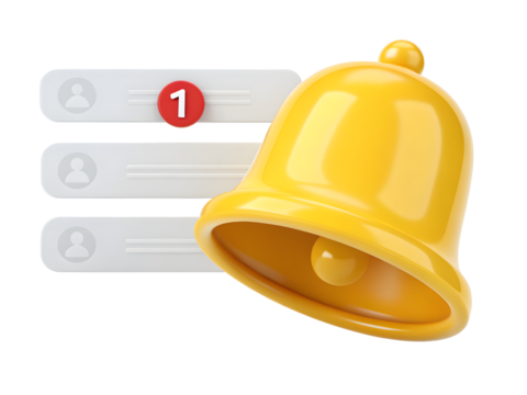 Yellow notification bell with unread message isolated on transparent background