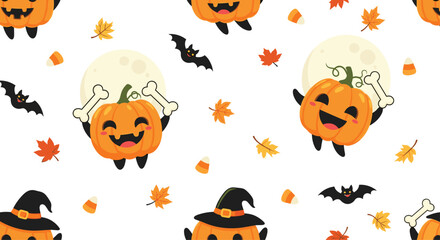 Cute halloween seamless pattern with pumpkins and bats.