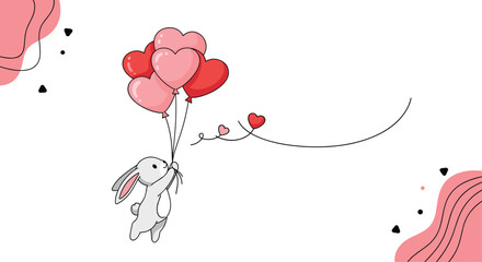 A cute bunny flying with a bunch of heart balloons.