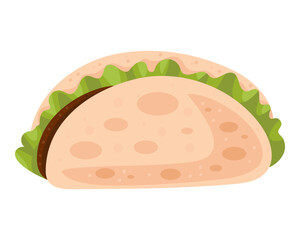Folded flatbread wrap filled with meat and fresh salad. Vector flat illustration with highlights and shading. Isolated on white background for menus and designs.