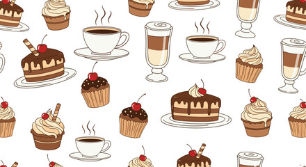 A delightful assortment of coffee drinks and chocolate desserts.