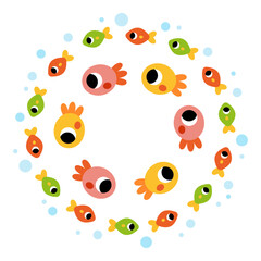 School of fish swims in circle. Flat cartoon vector illustration isolated on white background. Kawaii cute characters for kids projects about the sea and underwater life.