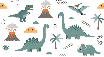 A delightful prehistoric scene filled with various dinosaurs and volcanoes.