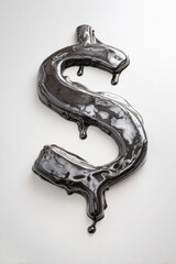 A glossy black dollar sign symbolizing wealth and commerce, with a liquid-like appearance, highlighting themes of money and economic influence.