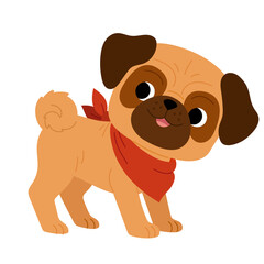 Cute flat illustration of pug dog. Isolated pet image on white background. Funny vector pet with red scarf. Kawaii mascot for children design about purebred dog