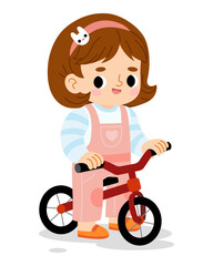 Cute girl in pink overalls on balance bike. Flat vector illustration isolated on white background. Kawaii character for children sports or kids activity projects