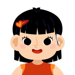 Cute portrait of an Asian girl wearing hearing aid. Flat vector character in kawaii style isolated on white background. Color image for picture books, posters or inclusive learning projects