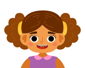 Cute portrait of girl with two pigtails and braces on her teeth. Flat illustration in kawaii style isolated on white background. Vector image for children’s posters and educational projects