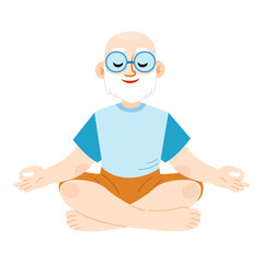 Cute cartoon illustration of an elderly male yogi sitting in lotus position. Aged gentleman with calm face shows peaceful yoga practice. Flat vector mascot for senior wellness and meditation themes