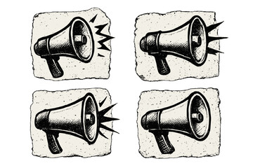 Set of megaphones in grunge punk zine style. Halftone loudspeaker vector illustration. Collage elements on torn paper scrap. Concept for protest, announcement, propaganda, alert.