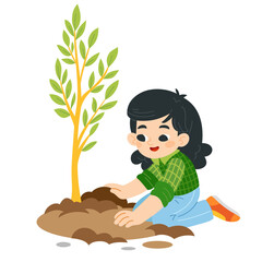 Cute asian girl plants green seedling into ground. Flat vector illustration isolated on white background. Kawaii character for environmental projects and education materials