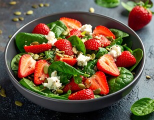 Strawberry Spinach Salad with Goat Cheese and Pumpkin Seeds.