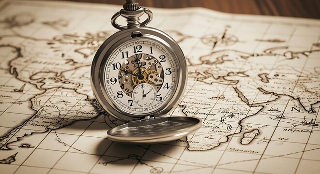 A vintage pocket watch resting on an antique map displaying continents and geographical locations details