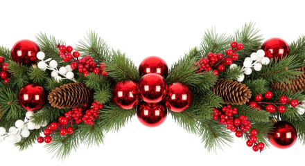 Isolated festive garland centerpiece, shiny red ornaments, pine cones, Christmas holidays