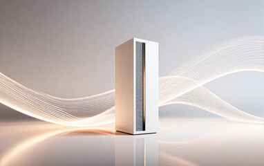 A sleek air conditioning unit stands against a soft background, complemented by flowing light waves, showcasing modern design and technology.
