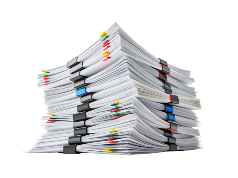 Stack of paper with binder clips isolated on transparent background